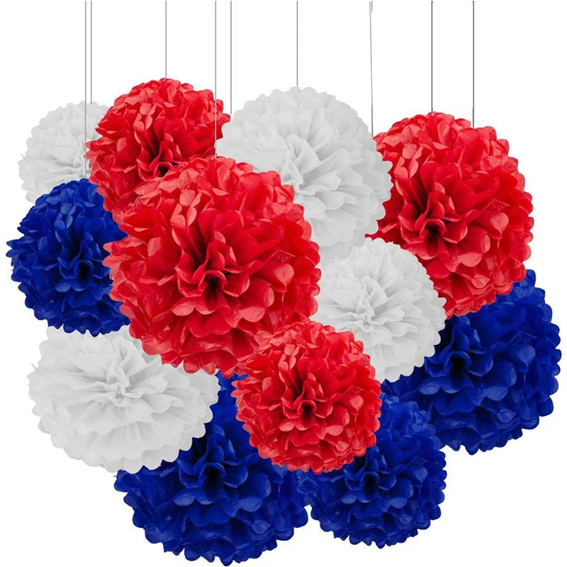 Navy Blue Red White Paper Pom Poms Flower USA Birthday Independence Day  4th of July Day Patriotic Party Hanging Wall Decoration