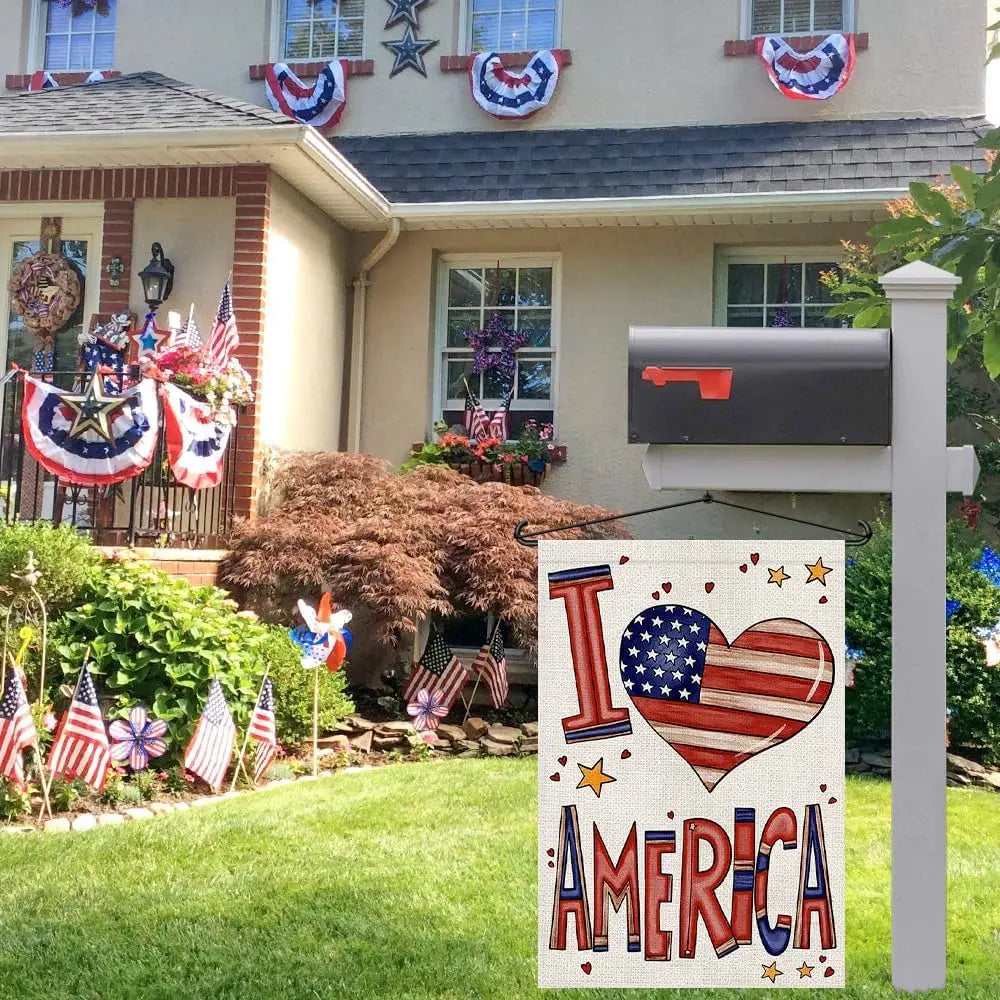 I Love American Garden Flag 12x18 Inch Double Sided Burlap, Memorial Day Independence Day 4th of July Small Flags Outside Yard P