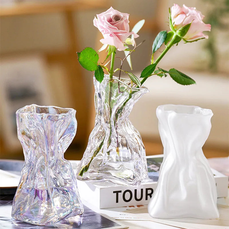 Irregular Transparent Glass Flower Vase 23cm*9cm Big Flower Bottle Tabletop Hydroponic Pot Home Living Room Table Decorations