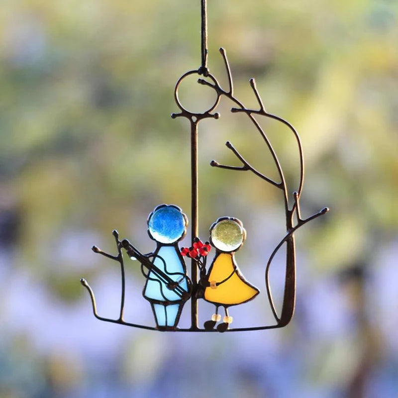 Double-sided Stained Angels Couple Doll Window Hangings Sun Catcher Art Hanging Pendant Wall Door Decoration for Home Ornaments