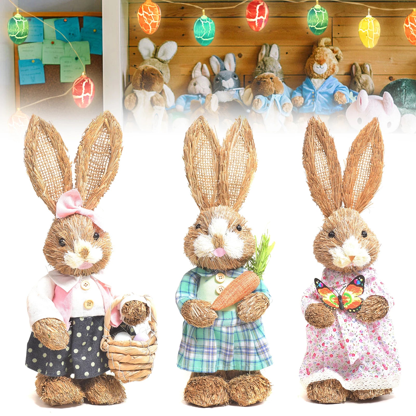 Easter Rabbit Decoration Bunny Figure Cattail Craft Ornament Home Holiday Cute Bunny Home Decoration  Easter Rabbit Decoration