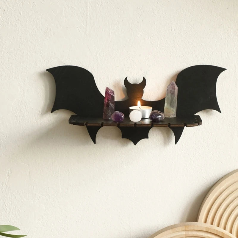 367A Halloween Bat Shape Wood Crystal Display Wall Shelf for Scary Home Bedroom Decors Aesthetic Witches Floating Shelves