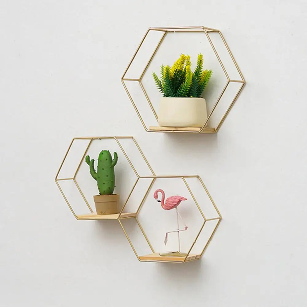 Nordic Hexagonal Iron Stand Small Pot Wall Holder Home Shelf Storage Holder Metal Decorative Photo Wall Rack Decorative Shelves