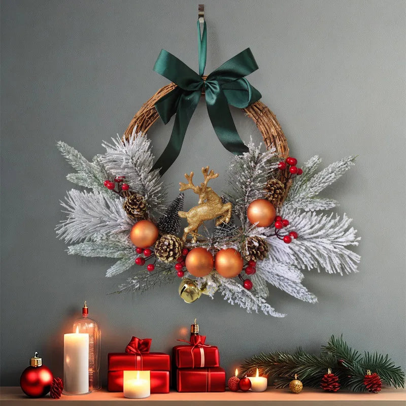 Christmas wreaths pendants Groups of deer pine cones decorate walls hang doors hang Christmas decorations