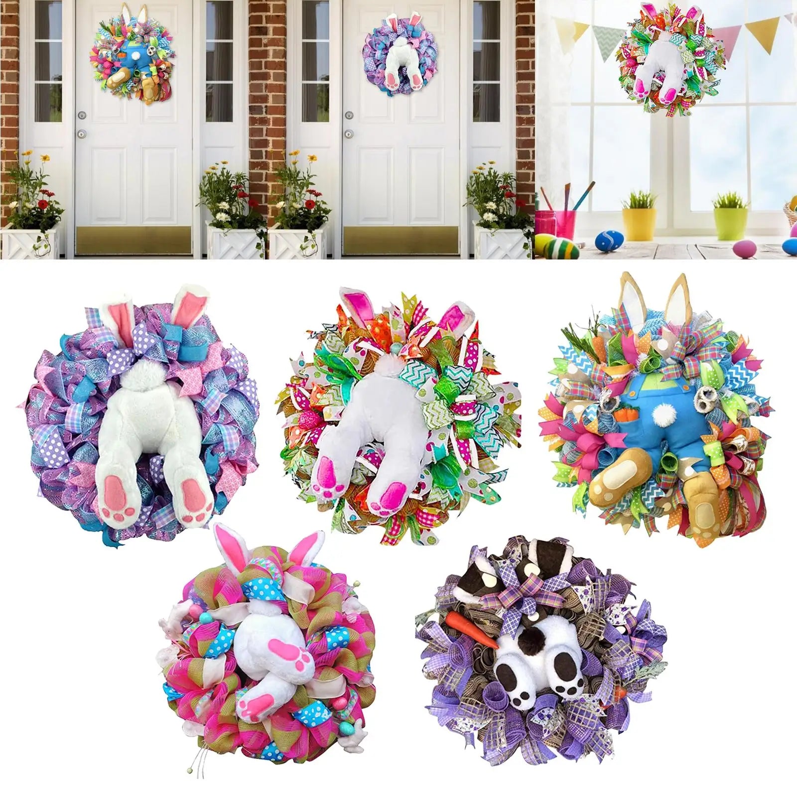 Handmade Spring Easter Door Wreath With Bunny Butt and Ear Ribbon Decoration