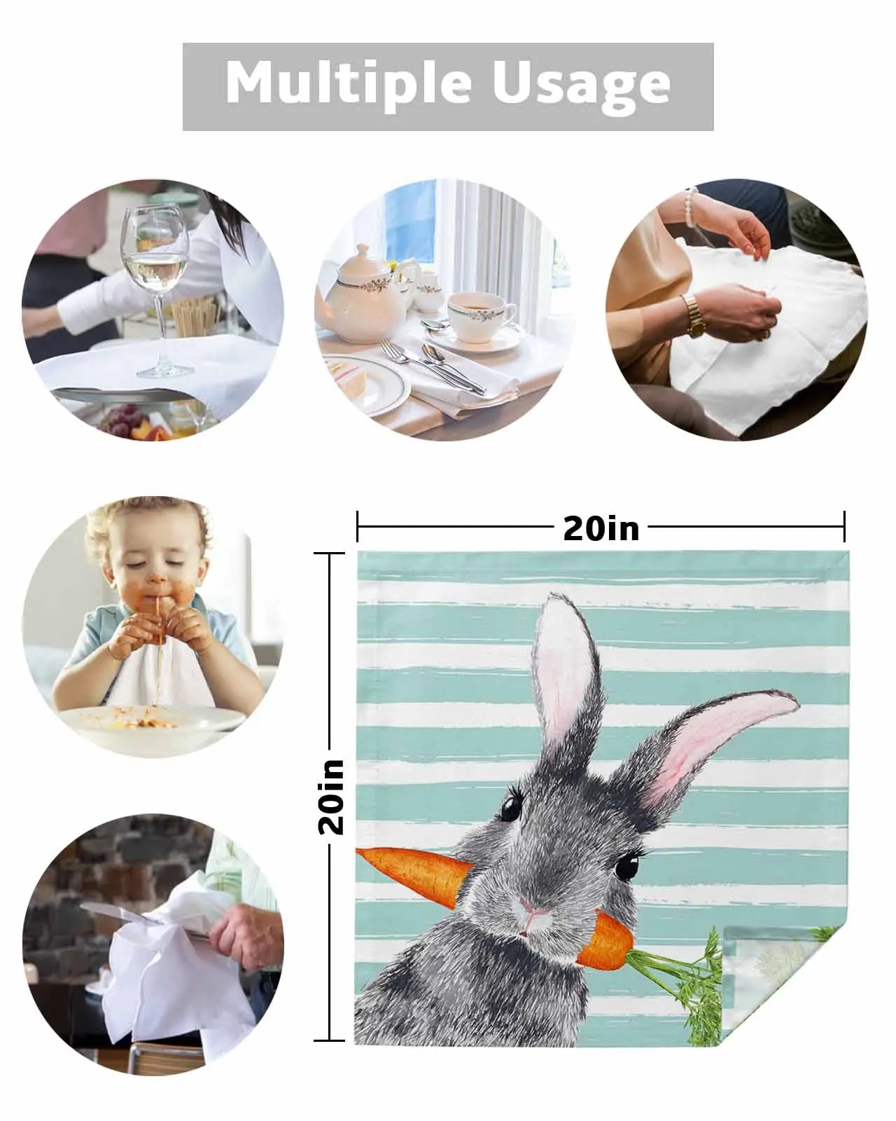 4pcs Easter Bunny Carrot Aqua Stripes Table Napkins Cloth Set Kitchen Dinner Tea Towels Table Mat Wedding Decor Napkins