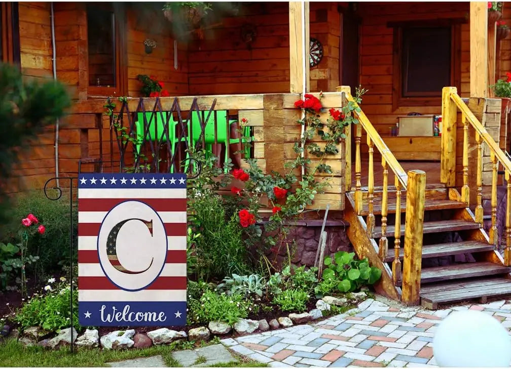 Patriotic Decorative Flag Initial Letter Garden Flags with Monogram C Double Sided American Independence Day Flag Welcome Burlap