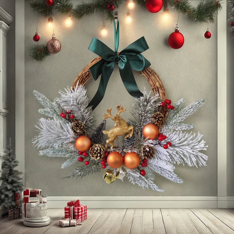 Christmas wreaths pendants Groups of deer pine cones decorate walls hang doors hang Christmas decorations