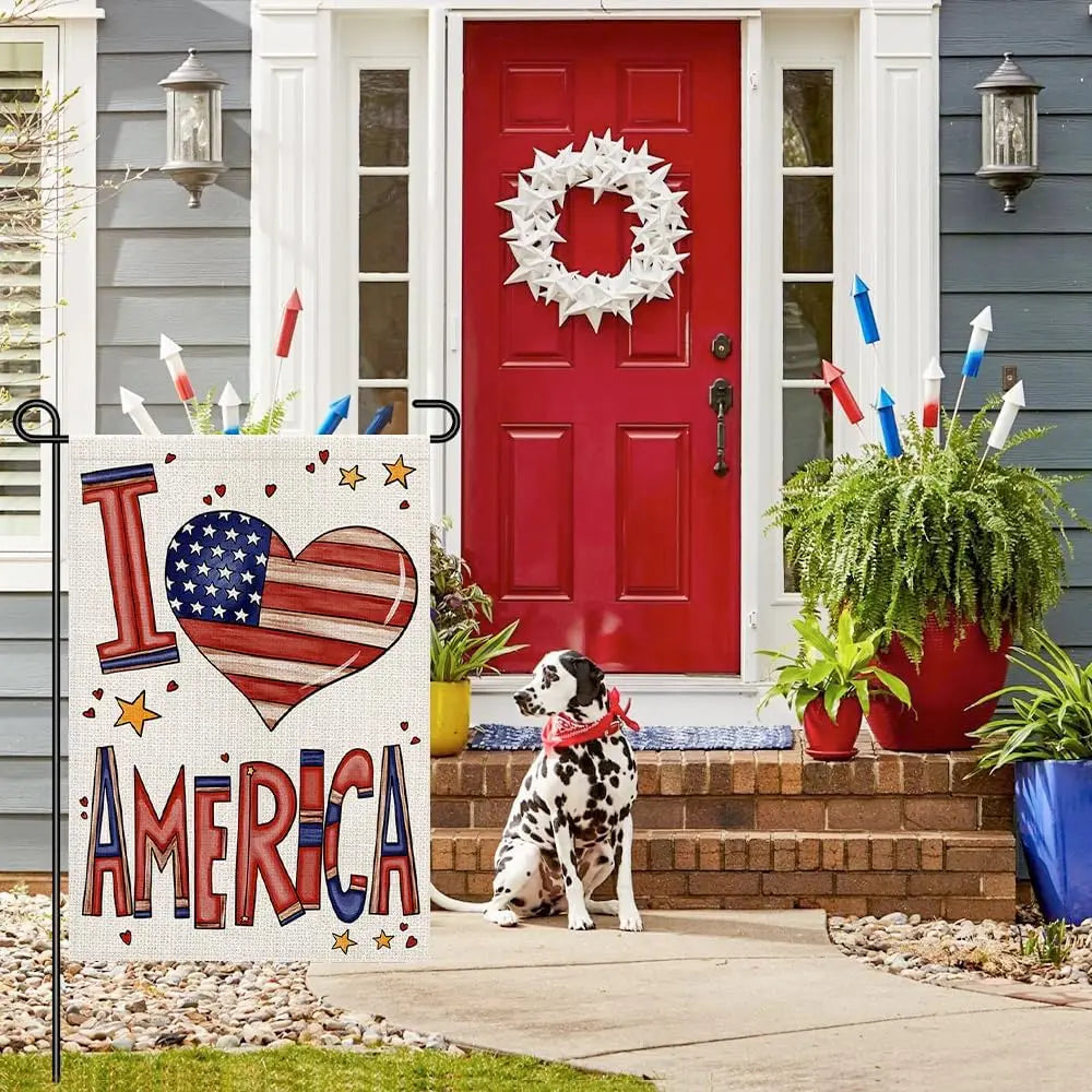 I Love American Garden Flag 12x18 Inch Double Sided Burlap, Memorial Day Independence Day 4th of July Small Flags Outside Yard P