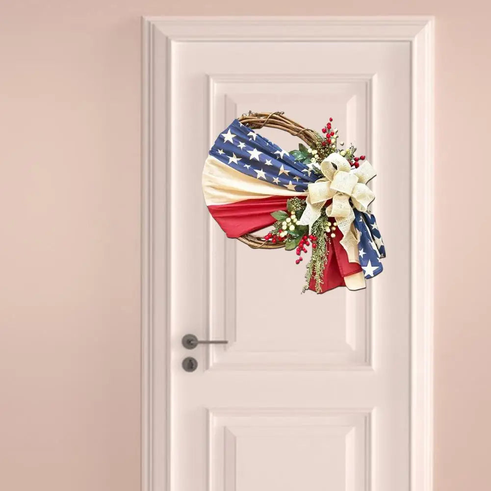 Fabric Door Wreath Patriotic American Flag Door Wreath with Berry Flax Flowers for Independence Day Holiday Home Decoration