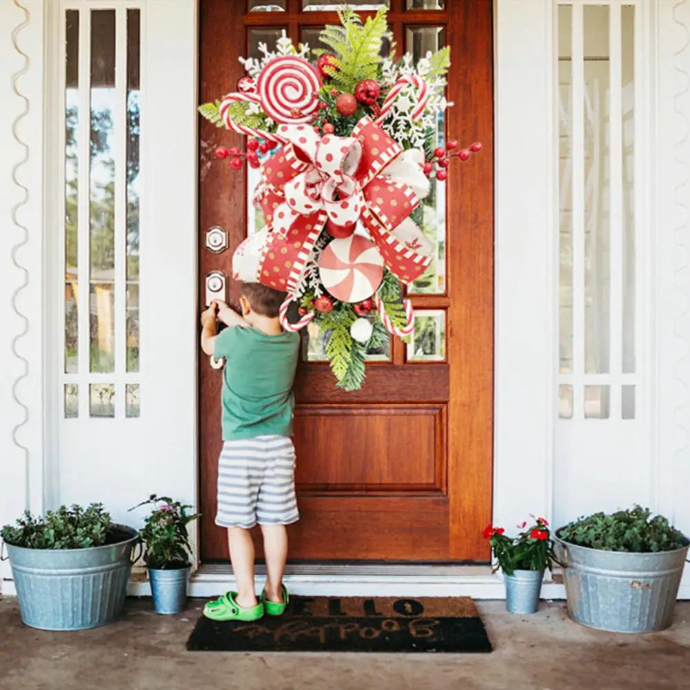 Christmas Candy Garland Easy to Hang Christmas Garland Festive Holiday Door Wreath with Fake Lollipop Bow Decorative Leaves Wall