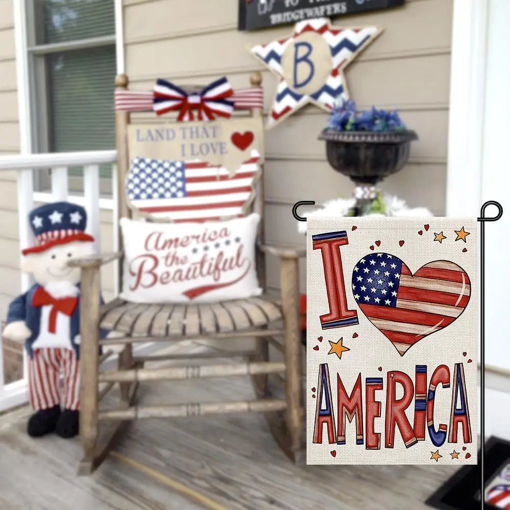 I Love American Garden Flag 12x18 Inch Double Sided Burlap, Memorial Day Independence Day 4th of July Small Flags Outside Yard P