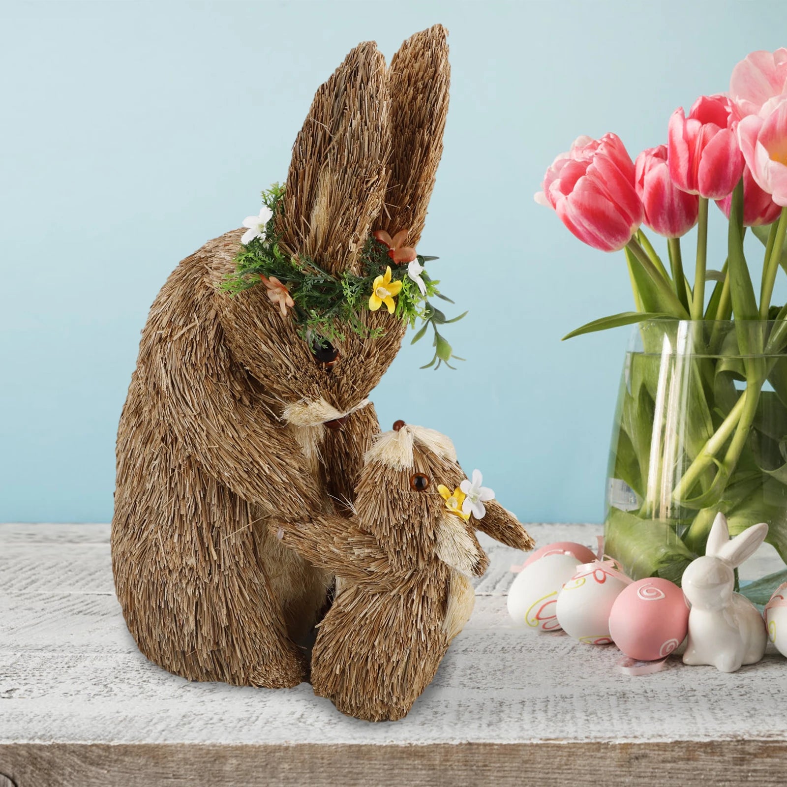 1Pc Straw Easter Bunny Figurine Cattail Easter Rabbit Artificial Straw Cloth Rabbit Statue Ornament Home Easter Decoration 2024