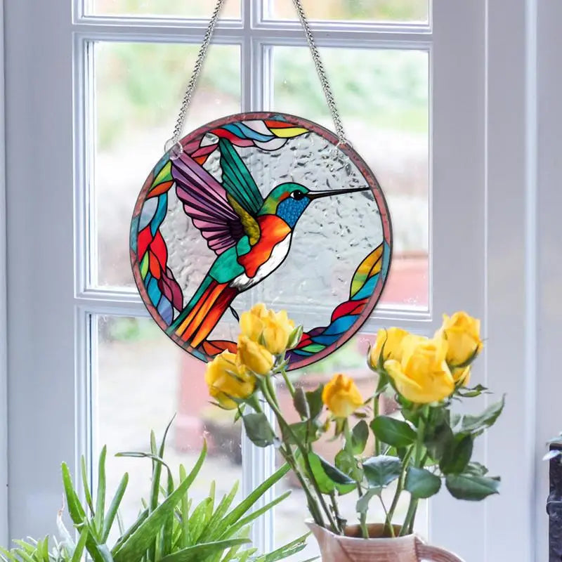 Bird Suncatcher Stained Glass Hummingbird Decorations 8in Round Window Pendant  Suncatcher Hanging Hummingbird Gifts For Mom