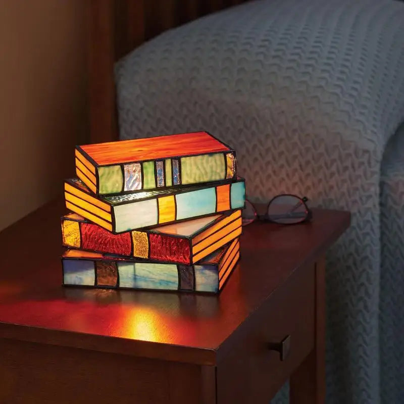 Stained Glass Stacked Books Lamp Creative Nightlight Decoration Colorful Folding Book Light Table Ornament Night Lamp