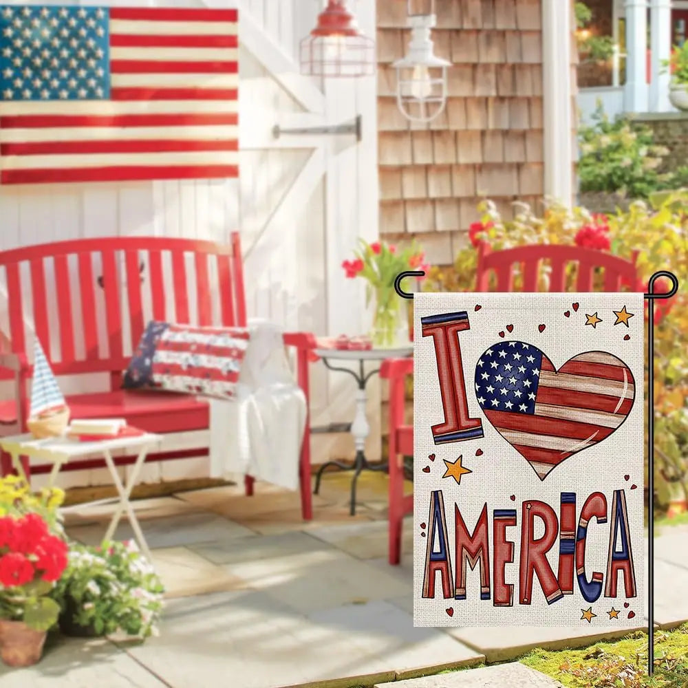 I Love American Garden Flag 12x18 Inch Double Sided Burlap, Memorial Day Independence Day 4th of July Small Flags Outside Yard P