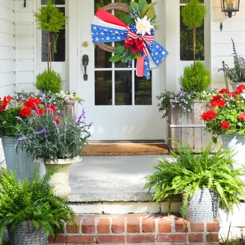 Independence Day Wreath Artificial Flower Wreath Decorations Patriotic Wreath for Front Door Garden Christmas