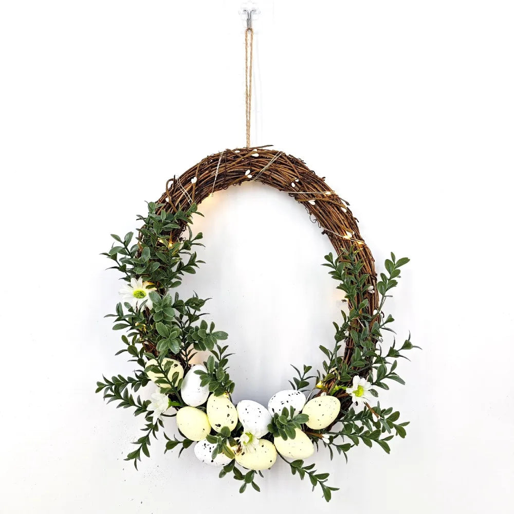 with Light String Easter Egg Wreath Egg Shaped Simulated Green Plant Rattan Wreath with Fake Egg DIY Easter Garland Spring