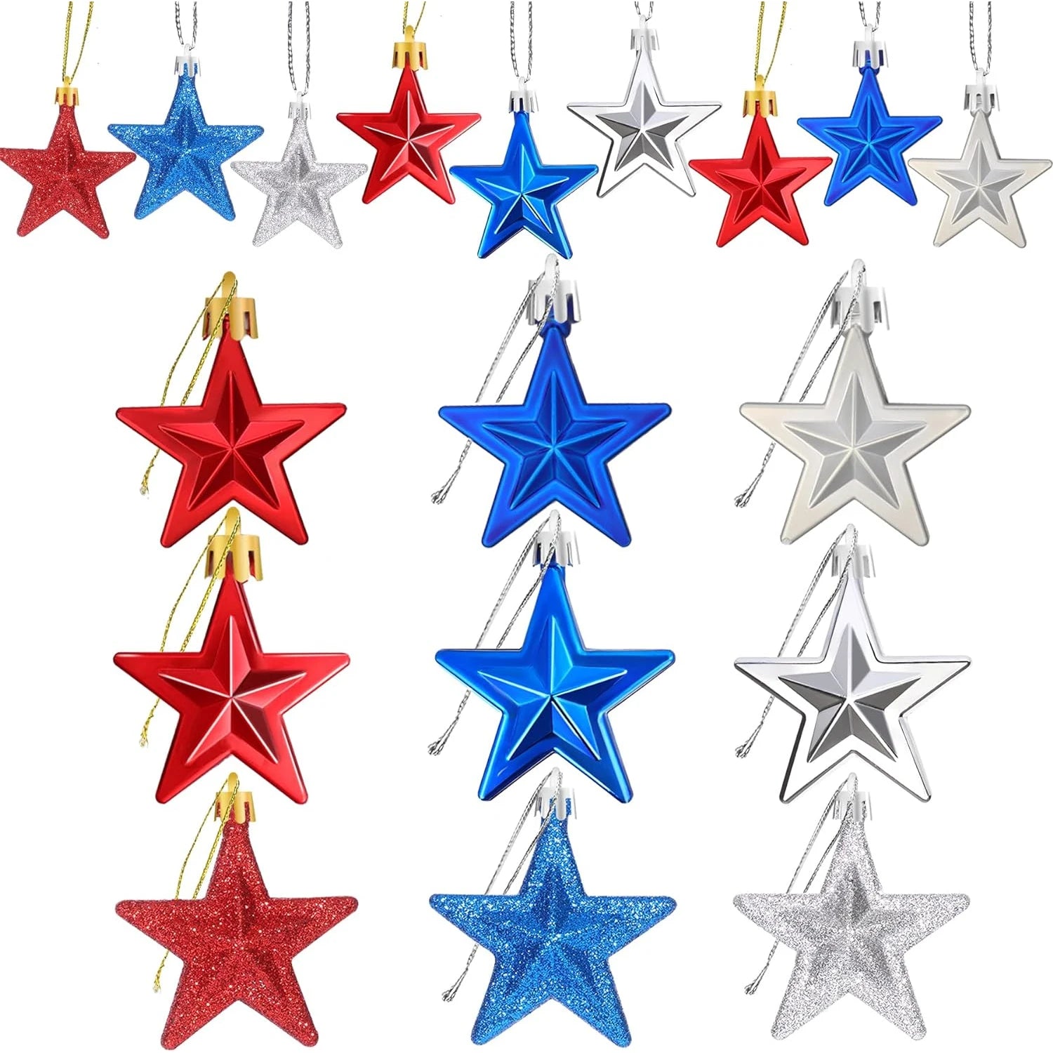 36Pcs Patriotic Hanging Star Ornaments Fourth of July Tree Decor Independence Day Red Silver Blue Plastic Stars for 4Th of July