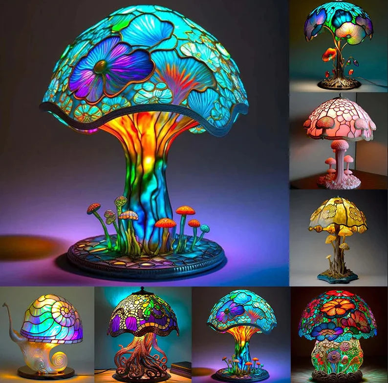 Creative Stained Plant Series Table Lamps Resin Colorful Bedroom Bedside Flower Mushroom Retro Table Night Lamp Atmosphere Light