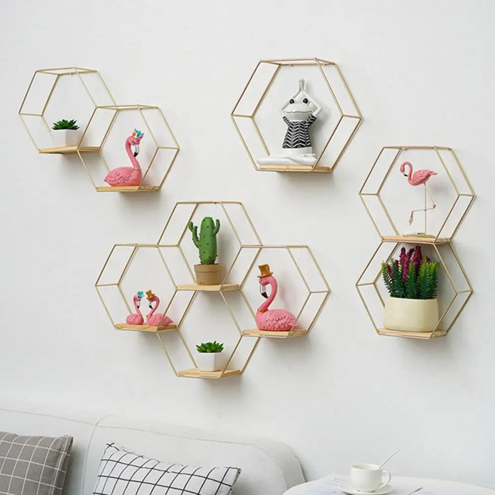 Nordic Hexagonal Iron Stand Small Pot Wall Holder Home Shelf Storage Holder Metal Decorative Photo Wall Rack Decorative Shelves