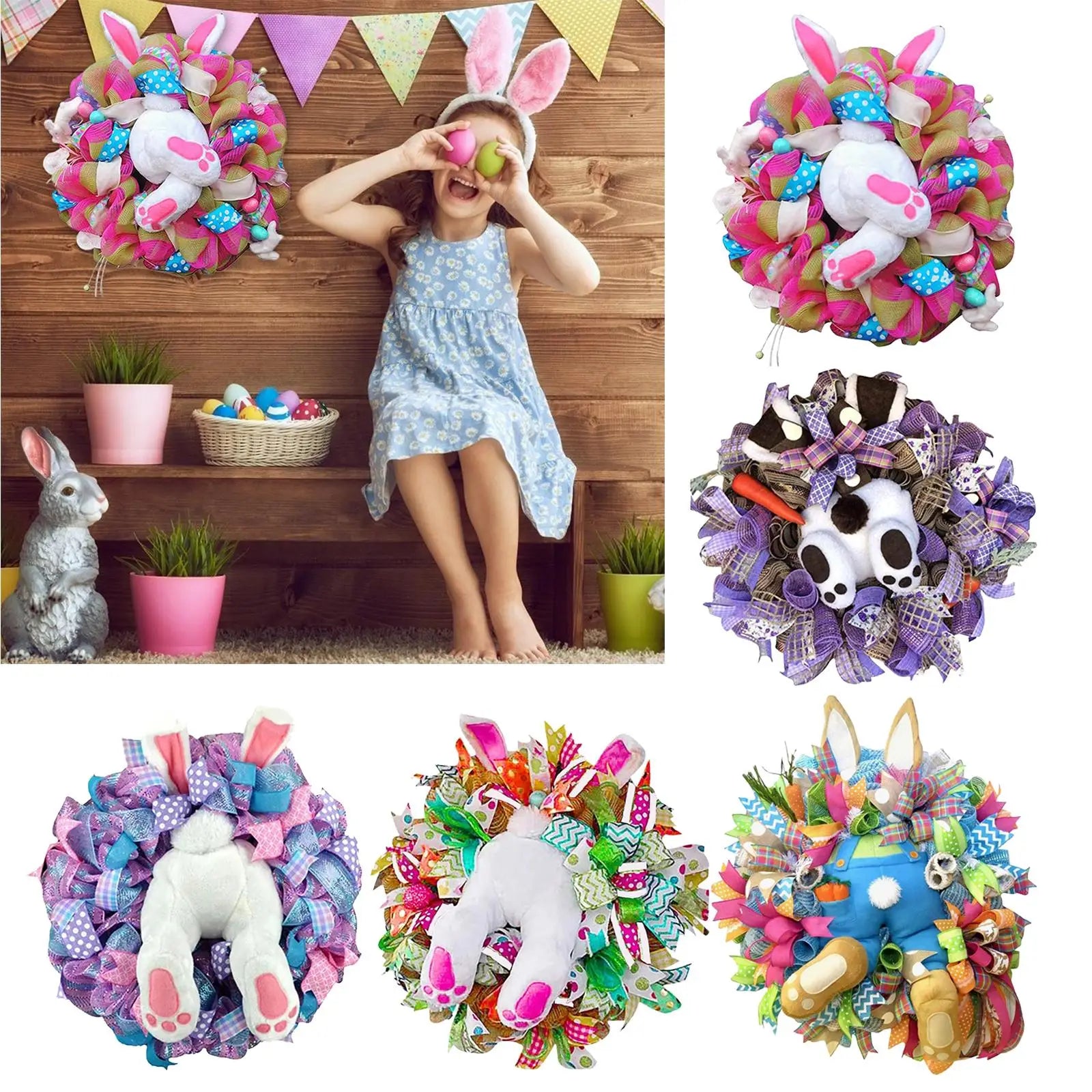 Handmade Spring Easter Door Wreath With Bunny Butt and Ear Ribbon Decoration