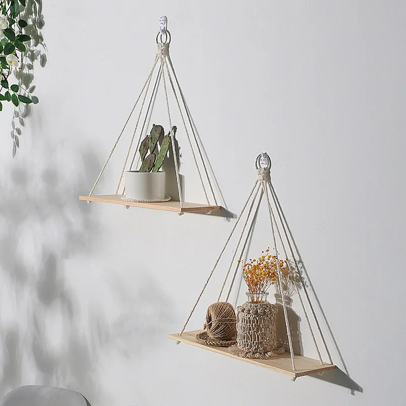 2PCS Nordic Wind Wooden Rope Swing Wall Hanging Plant Flower Pot Tray Boho Shelf Decor Plants Hanging Shelf Home Decoration