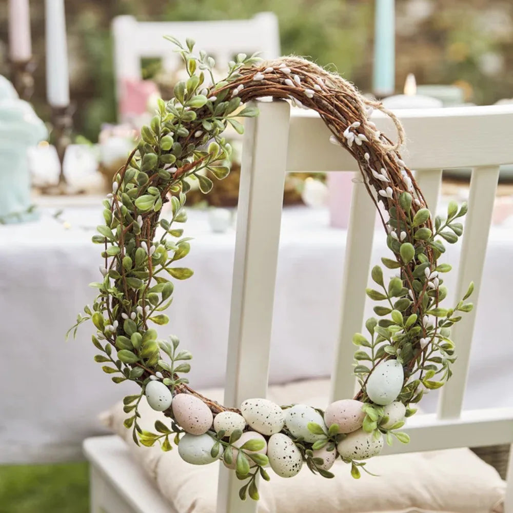 with Light String Easter Egg Wreath Egg Shaped Simulated Green Plant Rattan Wreath with Fake Egg DIY Easter Garland Spring