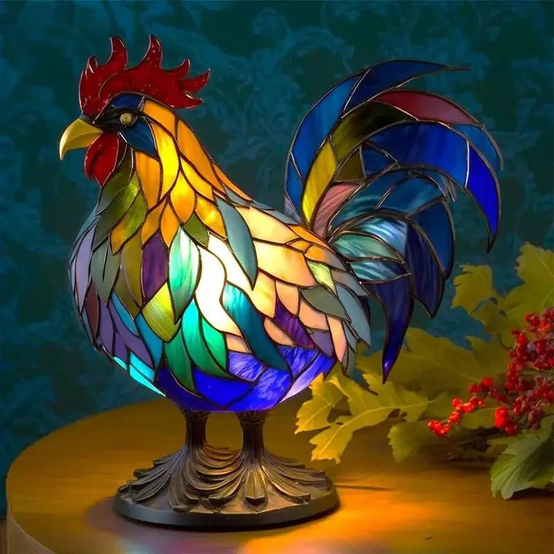 Stained Glass Table Lamp Rooster Stained Glass Resin Night Light Animal Sculpture Home Decoration Retro Gifts For Bedroom