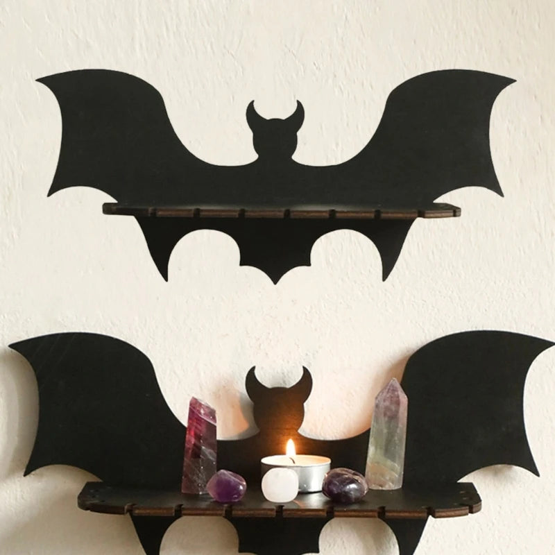 367A Halloween Bat Shape Wood Crystal Display Wall Shelf for Scary Home Bedroom Decors Aesthetic Witches Floating Shelves