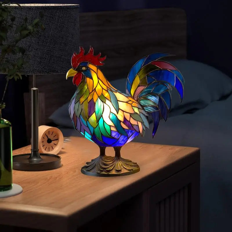 Stained Glass Table Lamp Rooster Stained Glass Resin Night Light Animal Sculpture Home Decoration Retro Gifts For Bedroom