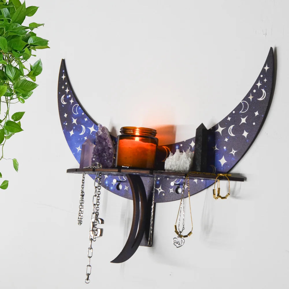 Meditation Crystal Shelf Jewelry Candlestick Display Shelf Black Bohemian Moon Phase Wooden Holder For Essential Oils Yoga Decor