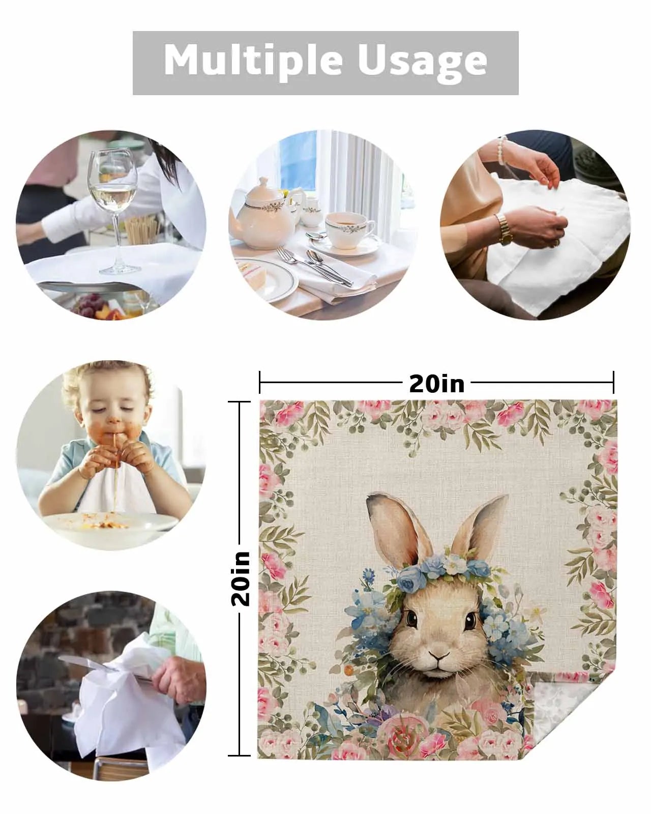 4pcs Easter Bunny Watercolor Flowers Table Napkins Cloth Set Kitchen Dinner Tea Towels Table Mat Wedding Decor Napkins