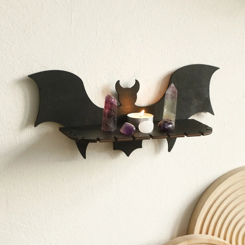 367A Halloween Bat Shape Wood Crystal Display Wall Shelf for Scary Home Bedroom Decors Aesthetic Witches Floating Shelves