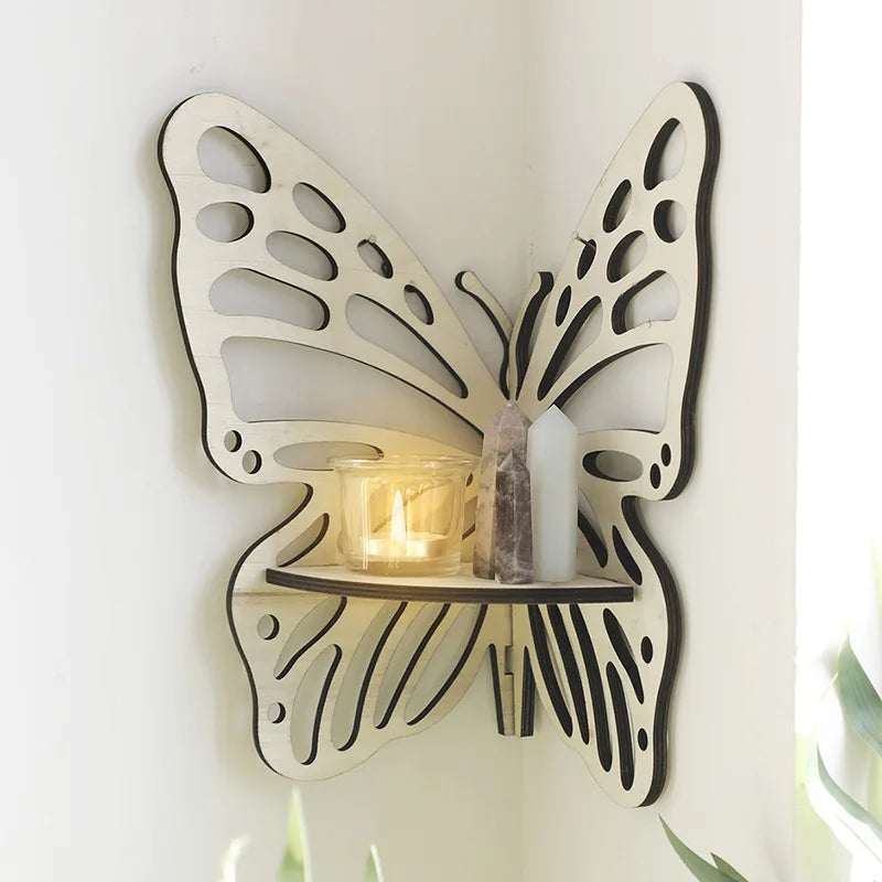 Butterfly Wooden Display Shelf Wooden Stand Corner Decoration Boho Hanging Wall Jewelry Holder Storage Organizer For Home Decor