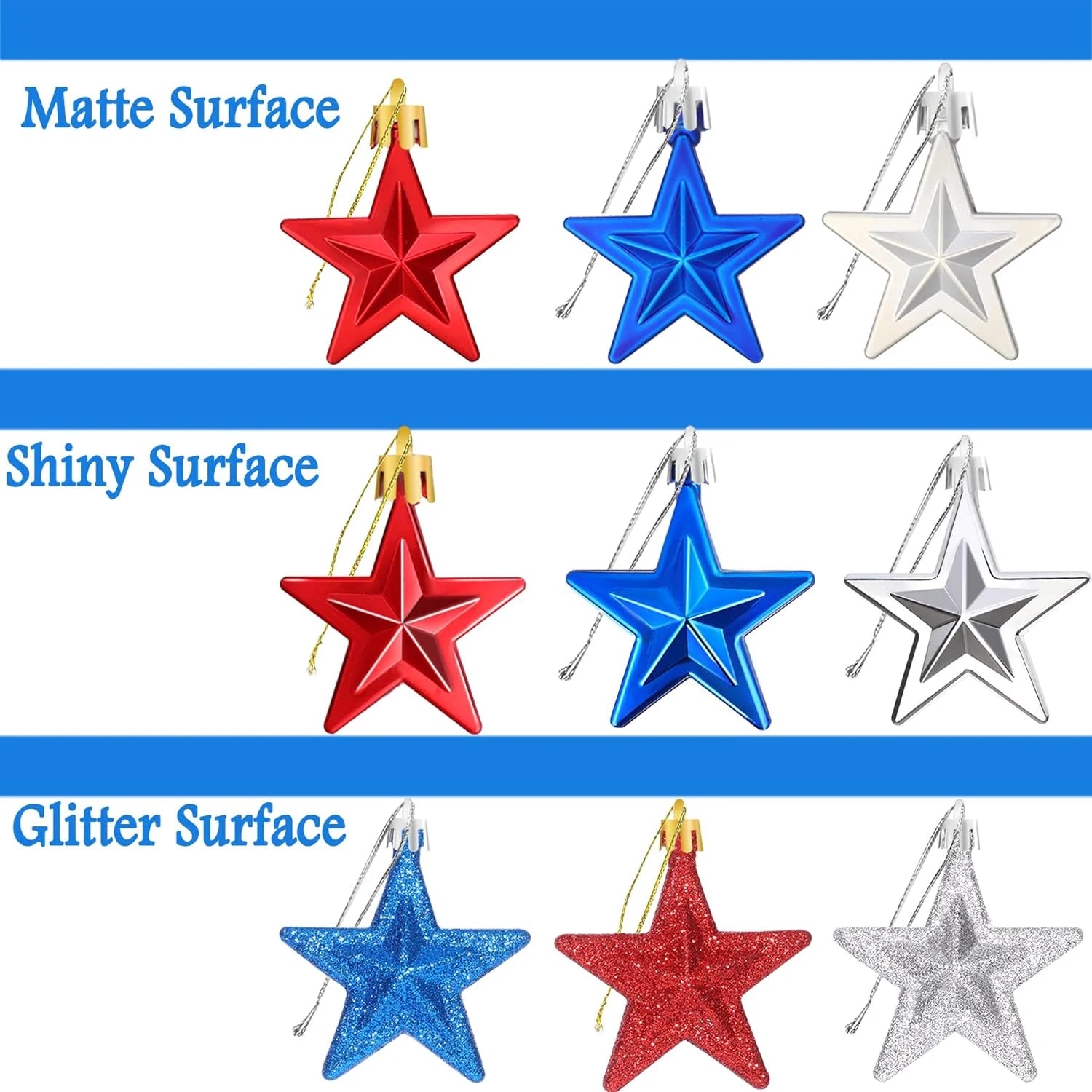 36Pcs Patriotic Hanging Star Ornaments Fourth of July Tree Decor Independence Day Red Silver Blue Plastic Stars for 4Th of July