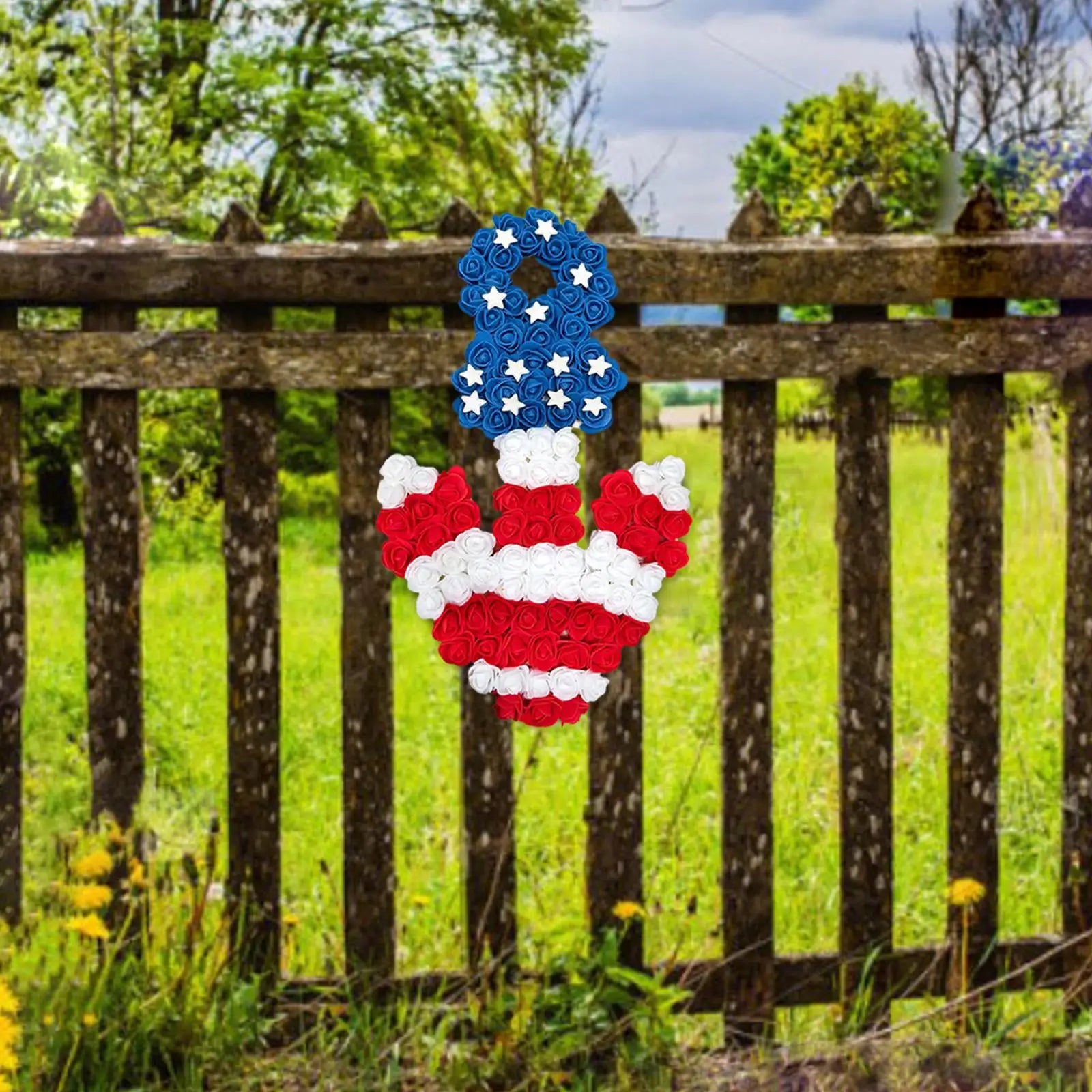 Fourth of July Independence Day Artificial Wreath Patriotic Wreath Red White Blue Fine Craftsmanship 17.7x11inch PU Material