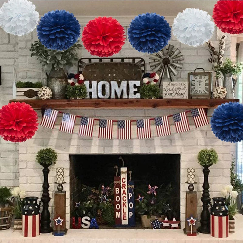 Navy Blue Red White Paper Pom Poms Flower USA Birthday Independence Day  4th of July Day Patriotic Party Hanging Wall Decoration