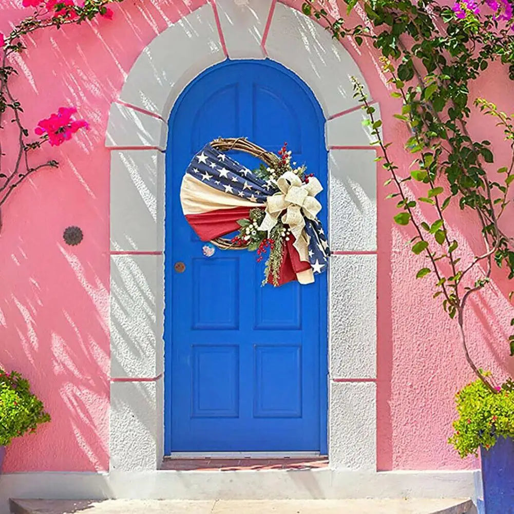 Fabric Door Wreath Patriotic American Flag Door Wreath with Berry Flax Flowers for Independence Day Holiday Home Decoration