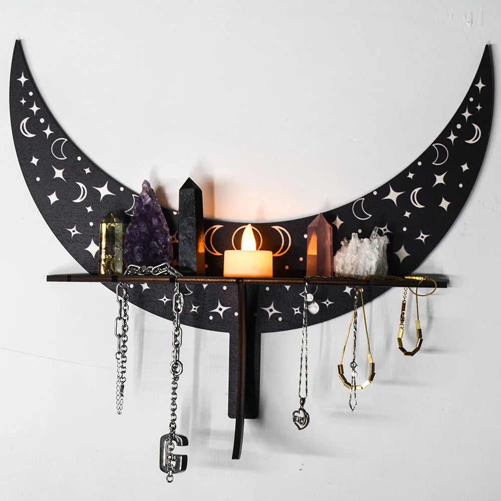 Meditation Crystal Shelf Jewelry Candlestick Display Shelf Black Bohemian Moon Phase Wooden Holder For Essential Oils Yoga Decor