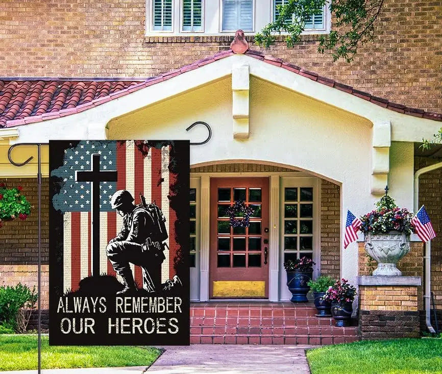 Memorial Day Garden Flag 4th of July Patriotic Always Remember Our Heroes American Flag Soldier 12x18 Inch Double Sided Independ