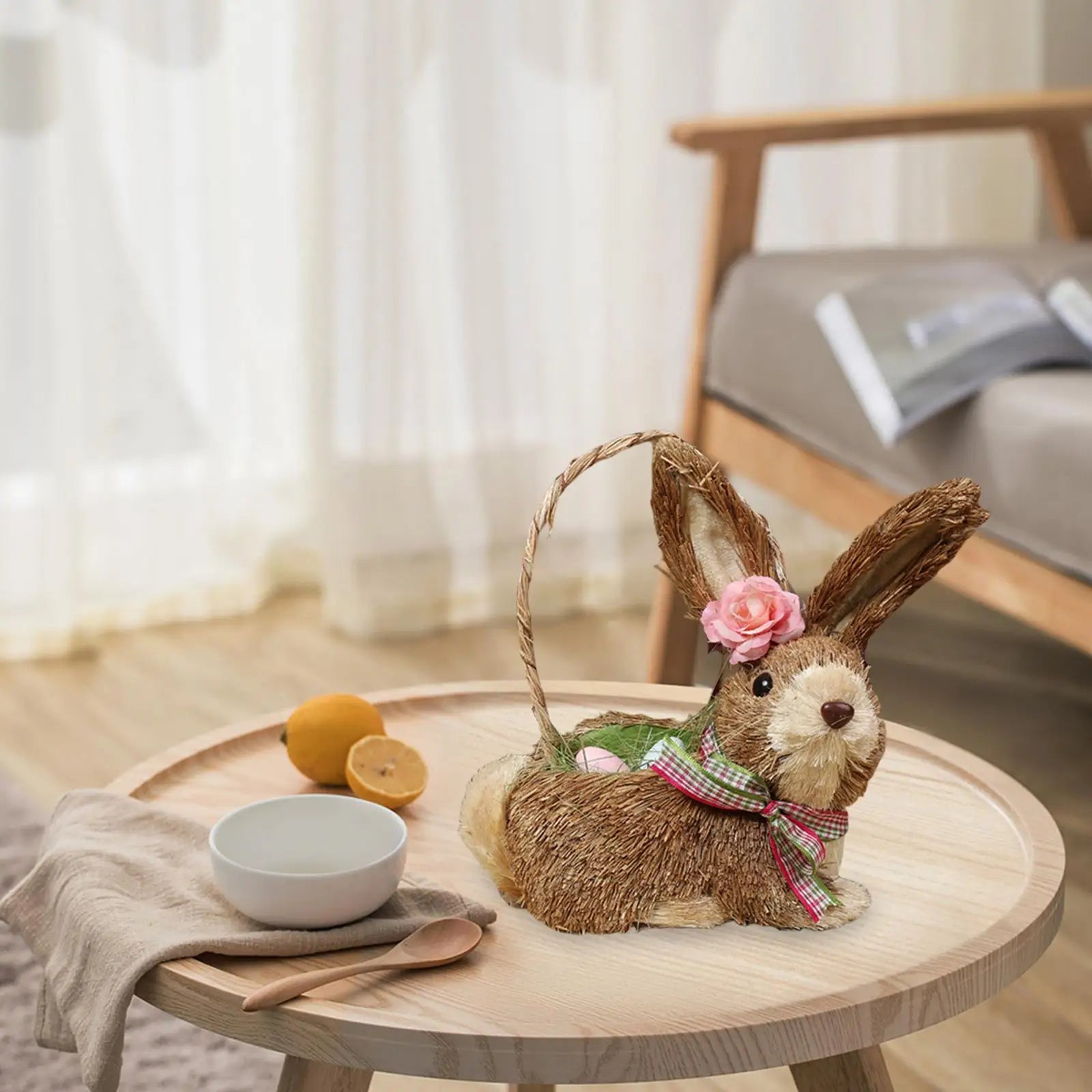 Straw Rabbit Decoration Filled Eggs Basket Straw Easter Rabbit Decor Ornament Bunny Figurine for Indoor Outdoor Spring Decor