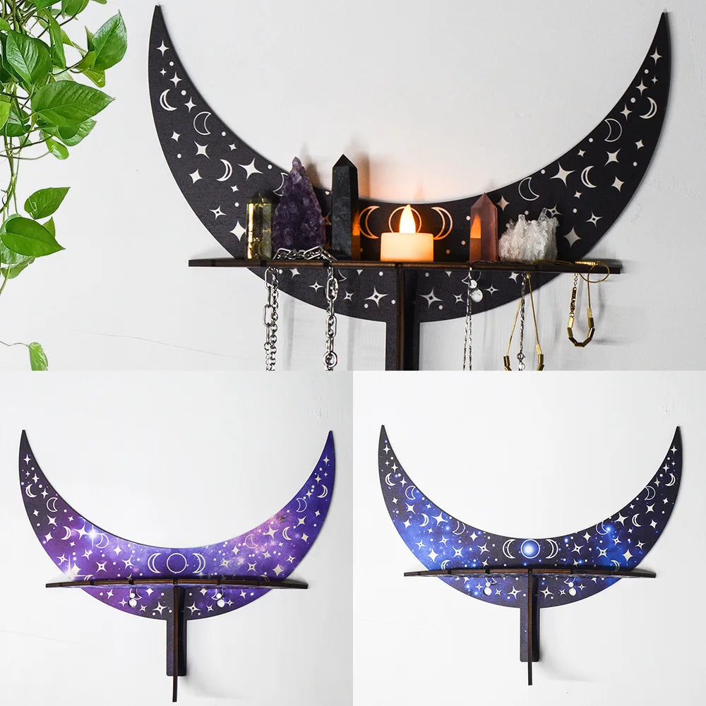 Meditation Crystal Shelf Jewelry Candlestick Display Shelf Black Bohemian Moon Phase Wooden Holder For Essential Oils Yoga Decor