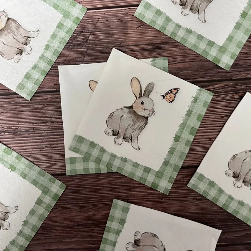 20pcs/Pac 2-Ply 25*25cm Easter Bunny Printed Party Napkins Green Plaid Handmade Butterfly Bone Bart Paper Placemats