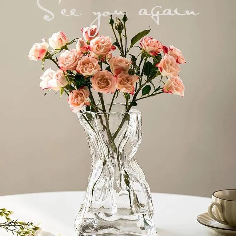 Irregular Transparent Glass Flower Vase 23cm*9cm Big Flower Bottle Tabletop Hydroponic Pot Home Living Room Table Decorations