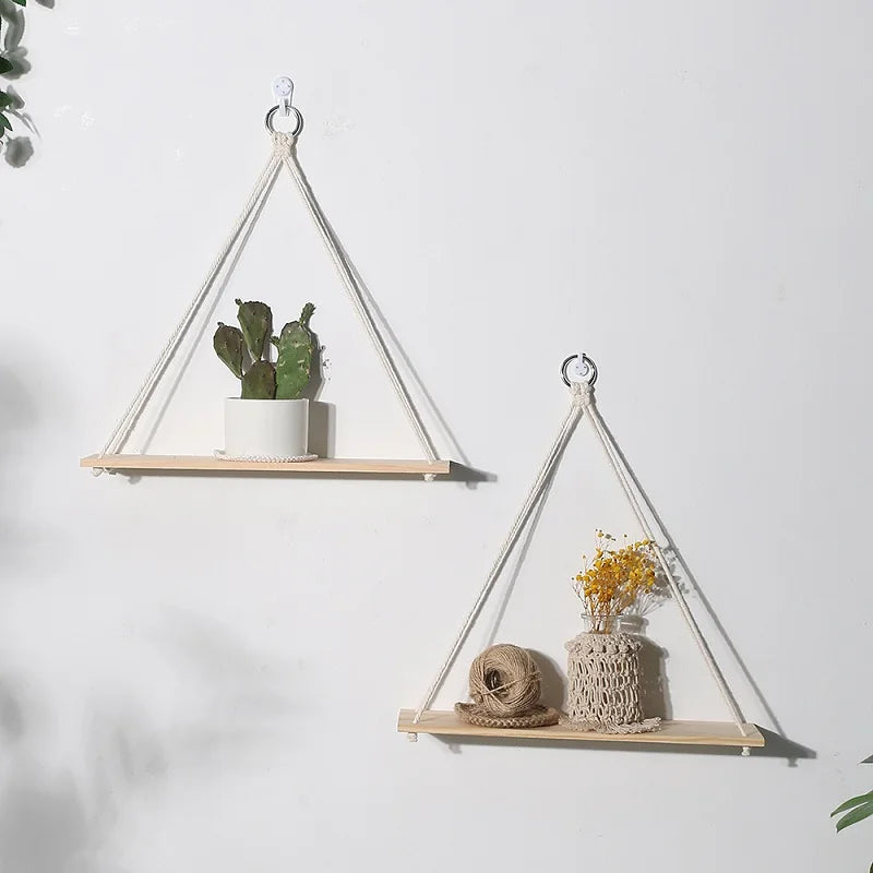 2PCS Nordic Wind Wooden Rope Swing Wall Hanging Plant Flower Pot Tray Boho Shelf Decor Plants Hanging Shelf Home Decoration