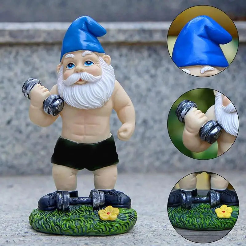 Cute Creative Naughty Gnome Dwarf Garden Decor Statue Old Man Fairy Ornament Easter Dumbbell Weightlifting Gnome Sculpture