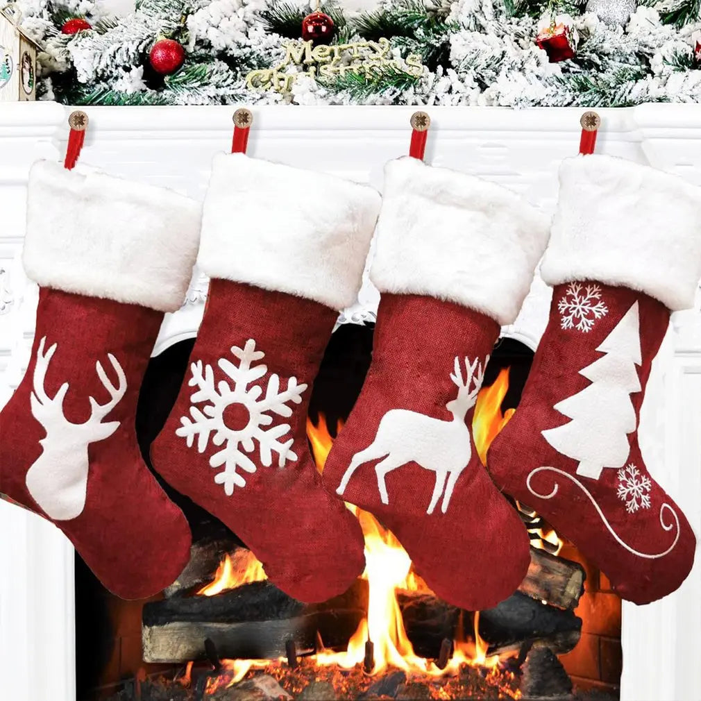 2024 Christmas Stockings Socks Gifts Candy Bag Elk Xmas Tree Deer Printing Pocket Hanging Ornament with Blessing Card Home Decor