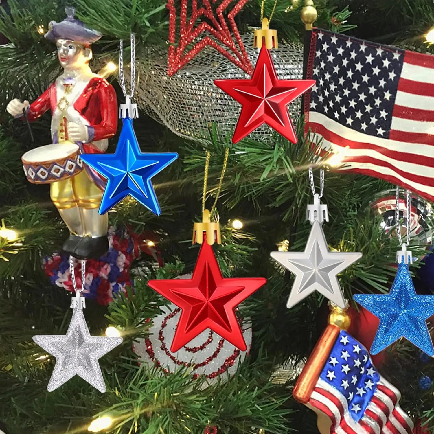 36Pcs Patriotic Hanging Star Ornaments Fourth of July Tree Decor Independence Day Red Silver Blue Plastic Stars for 4Th of July