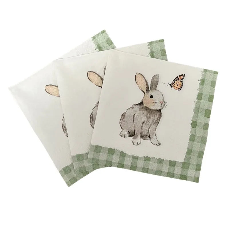 20pcs/Pac 2-Ply 25*25cm Easter Bunny Printed Party Napkins Green Plaid Handmade Butterfly Bone Bart Paper Placemats